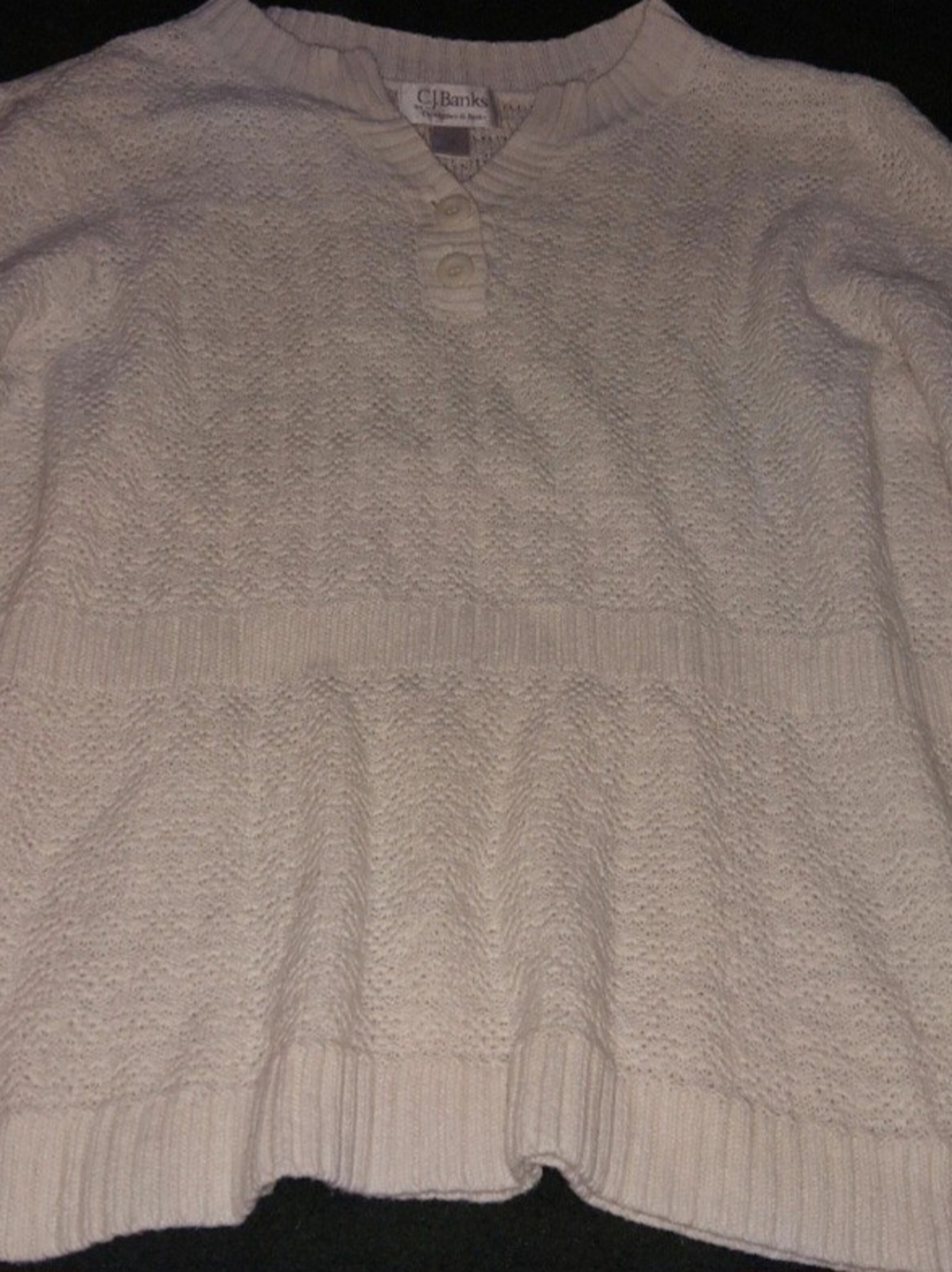 CJ Banks Cream Textured Crewneck Sweater with Button Placket